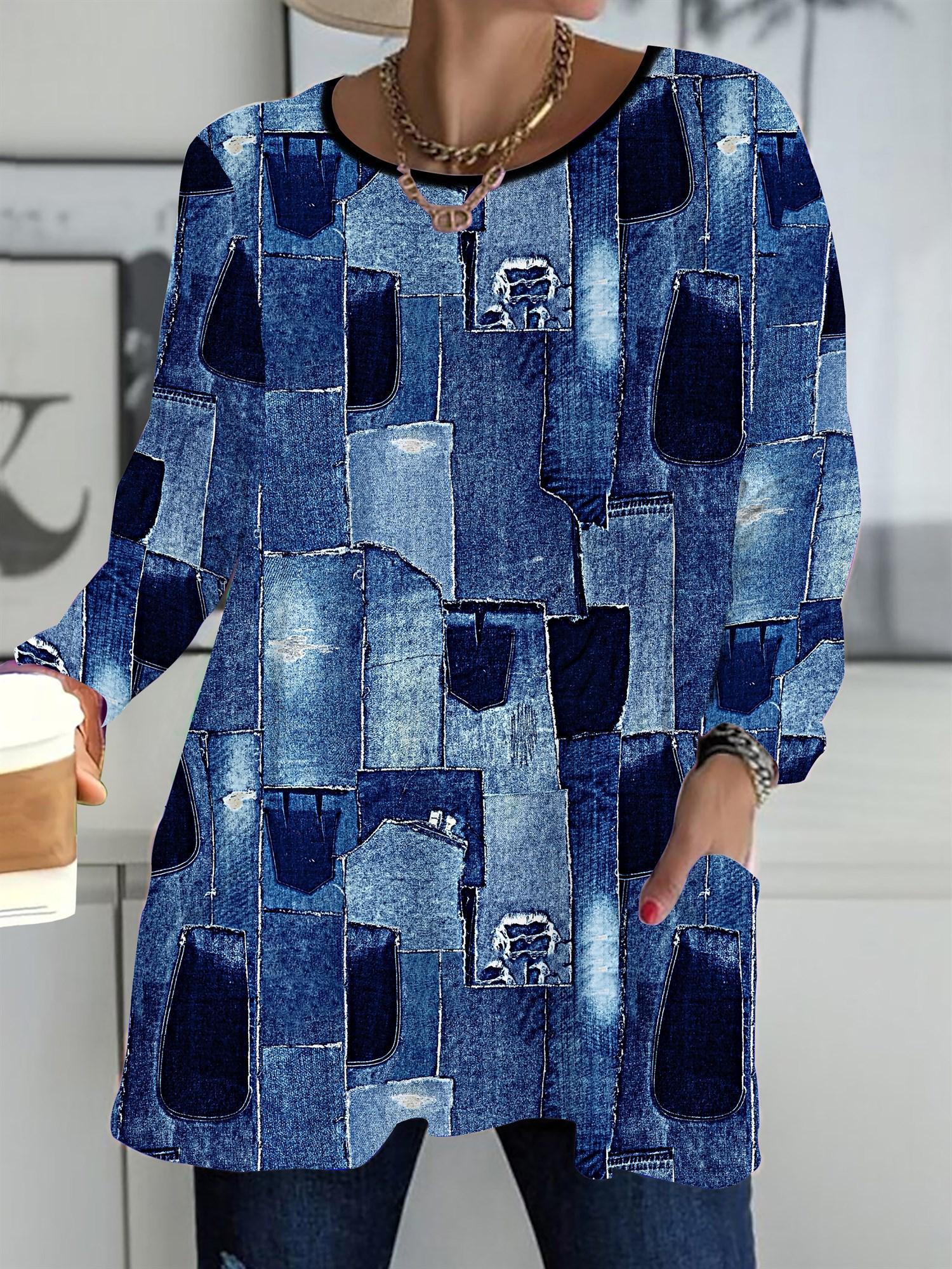 

Осень-Зима 2025 Новые Женские Топы Большого Размера, Модные Футболки с 3D-принтом в ковбойском стиле с круглым вырезом и длинным рукавом 1XL синий