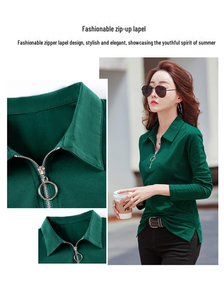 Women's Korean Style Long Sleeve Polo Shirt - 95% Cotton, Turn-Down Collar, Slim Fit, Professional Base Layer Top