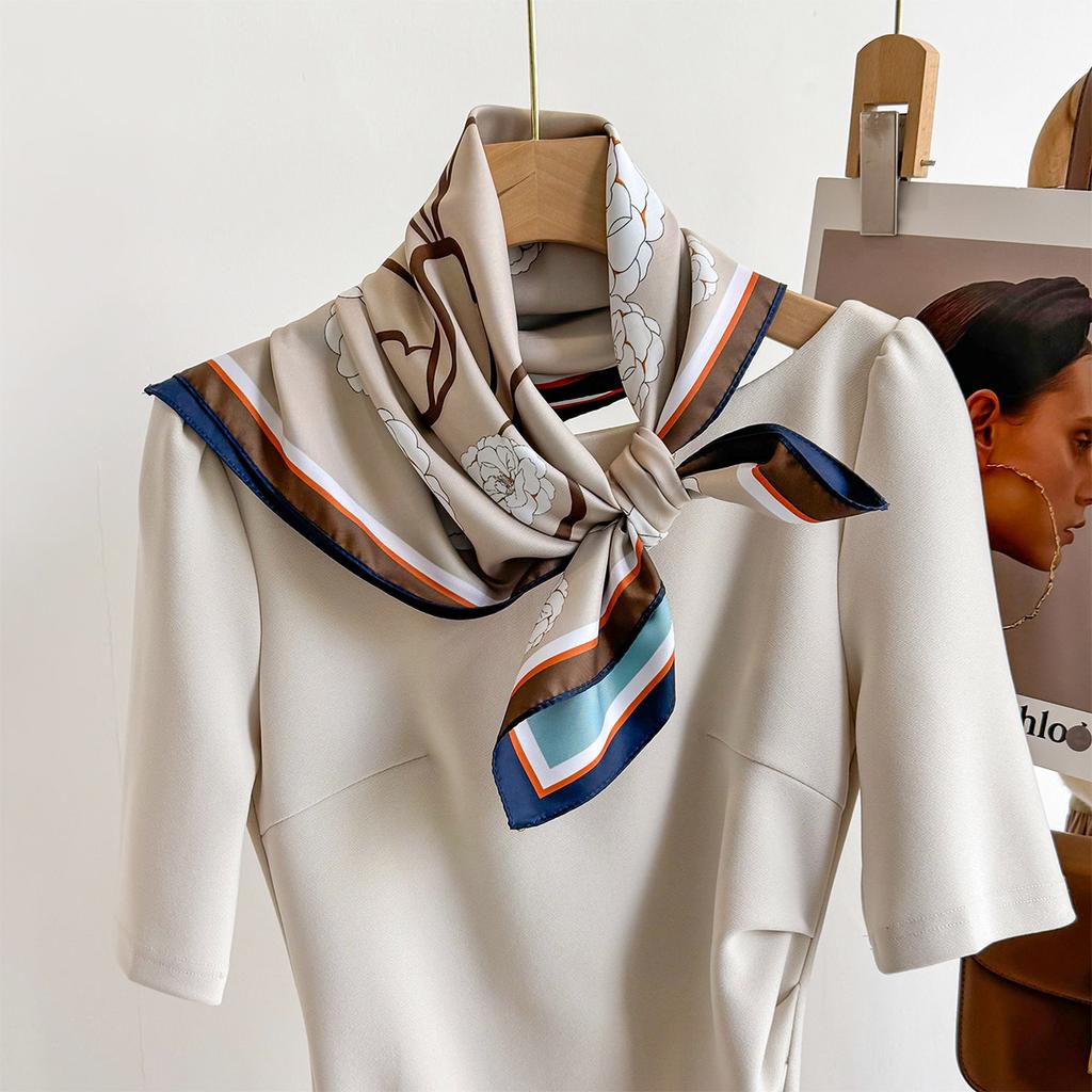 Imitation Silk Double-sided Scarf Luxury Flower Print Square Scarf Women‘s Neckerchief Bandanas Foulard Hairband Neck Tie Wraps