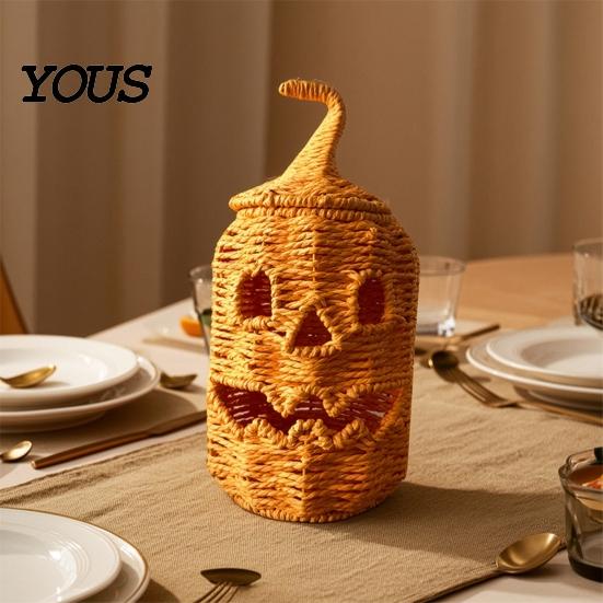 Rustieke Zeegras Opbergmand Handgeweven Halloween Pompoenmand, Spookachtige Snoepmand met Deksel, Vintage Rotan Seizoensgebonden Verlichte Lantaarn voor Veranda Display