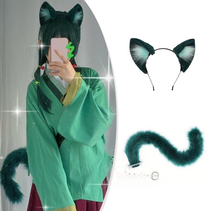 Handgjorda plyschkattöronpannband med fuskpälsstjärt för Halloween Cosplay Fest Kostymer Tillbehör för Barn Vuxna