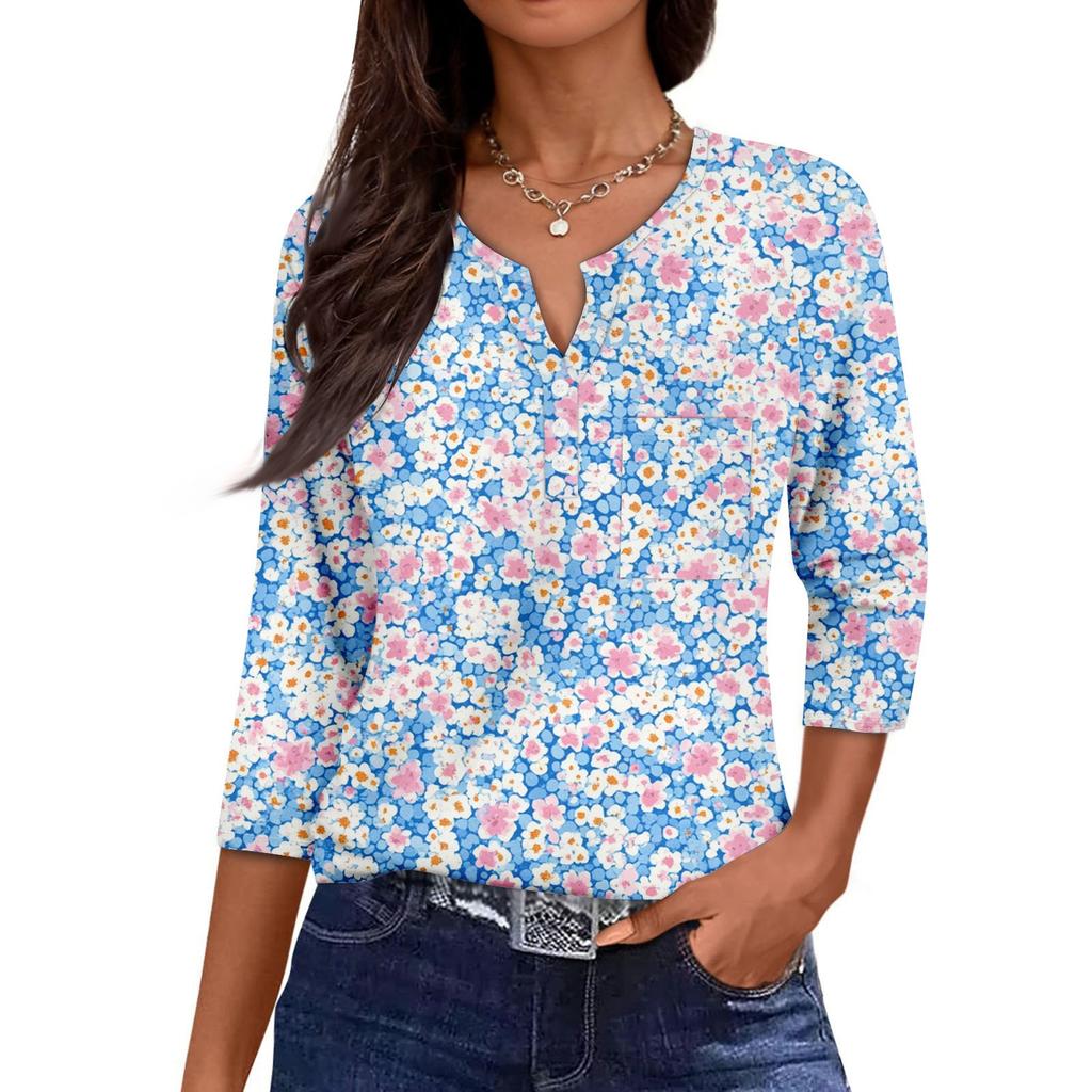 Damska Codzienna Modna Dekolt V Luźna Wszechstronna Kwiatowy Wzór Rękawy Trzyczwarte
