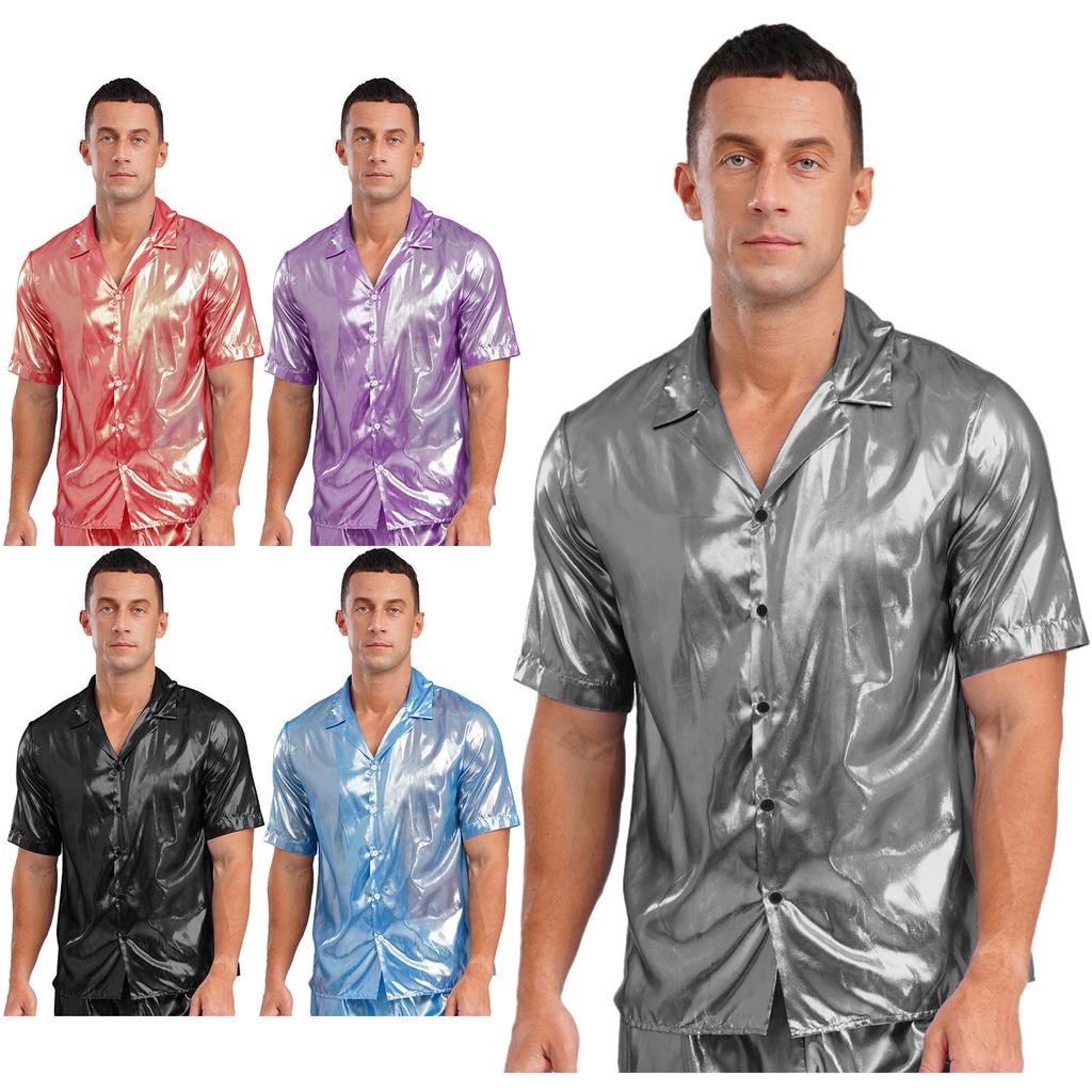 Mens See Through Shirt Turn Down Collar Short Sleeve Water Ripple Shine Beachwear Clubwear Top