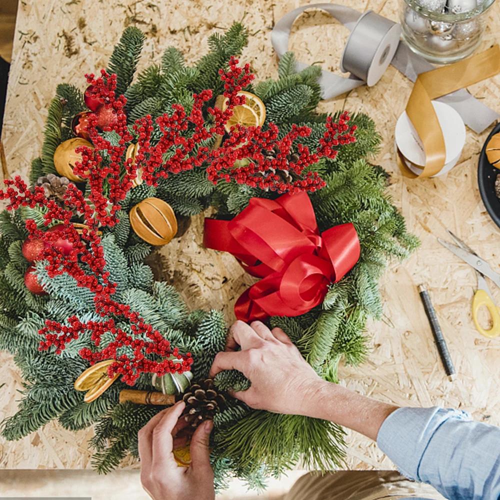 Artificial Red Berries Stems Fake Flower Simulation Christmas Red Holly Berry Branch DIY Wreath Xmas Party Home Table Decoration