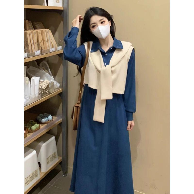 Elegant Denim Blue Dress for Women - New Autumn Slimming Preppy Style Two-Piece Vest and Skirt Set