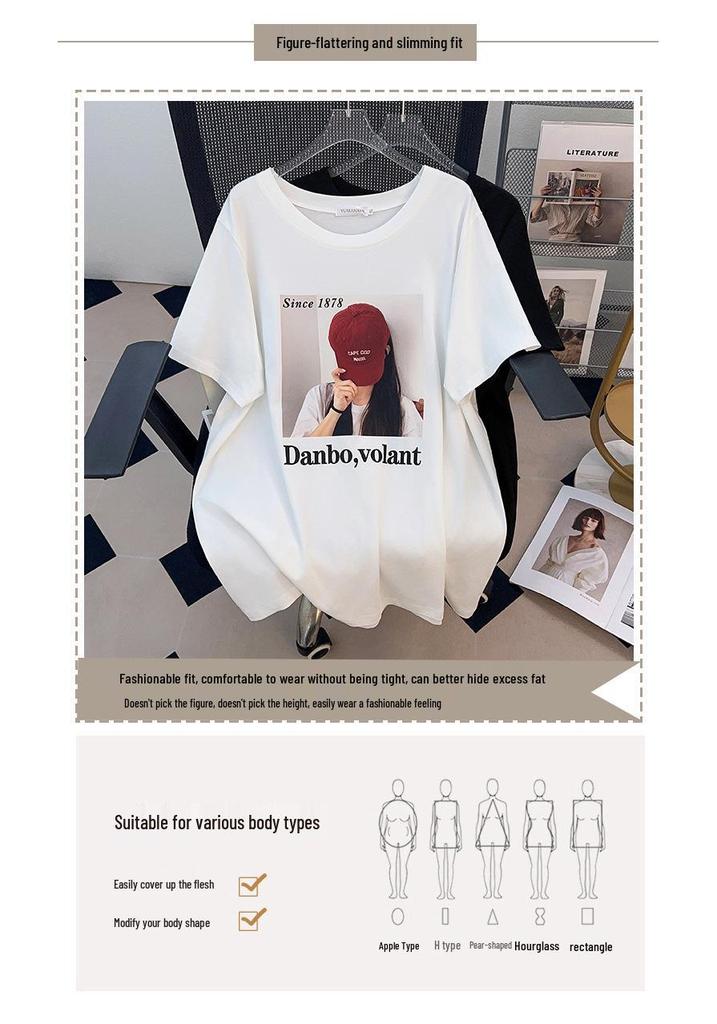Damen Plus Size Mittellanges Rundhals-Schlankheits-T-Shirt (Kurzärmelig) - Bedeckt den Bauch, Erhältlich in den Größen 200/300/350 jin