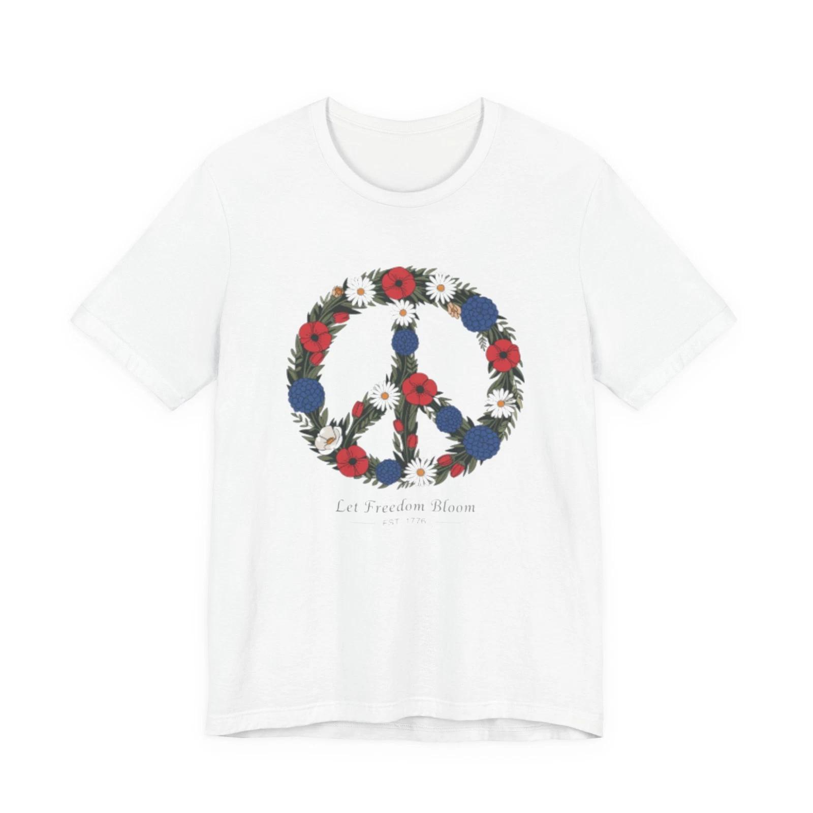 Floral Peace Sign Fourth of July T-Shirt | Red Blue flowers, Let Freedom Bloom S