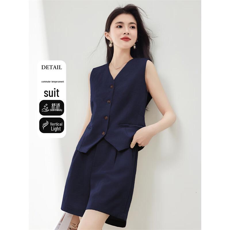 Women s V-Neck Linen Blend Vest & Shorts Two-Piece Set XL