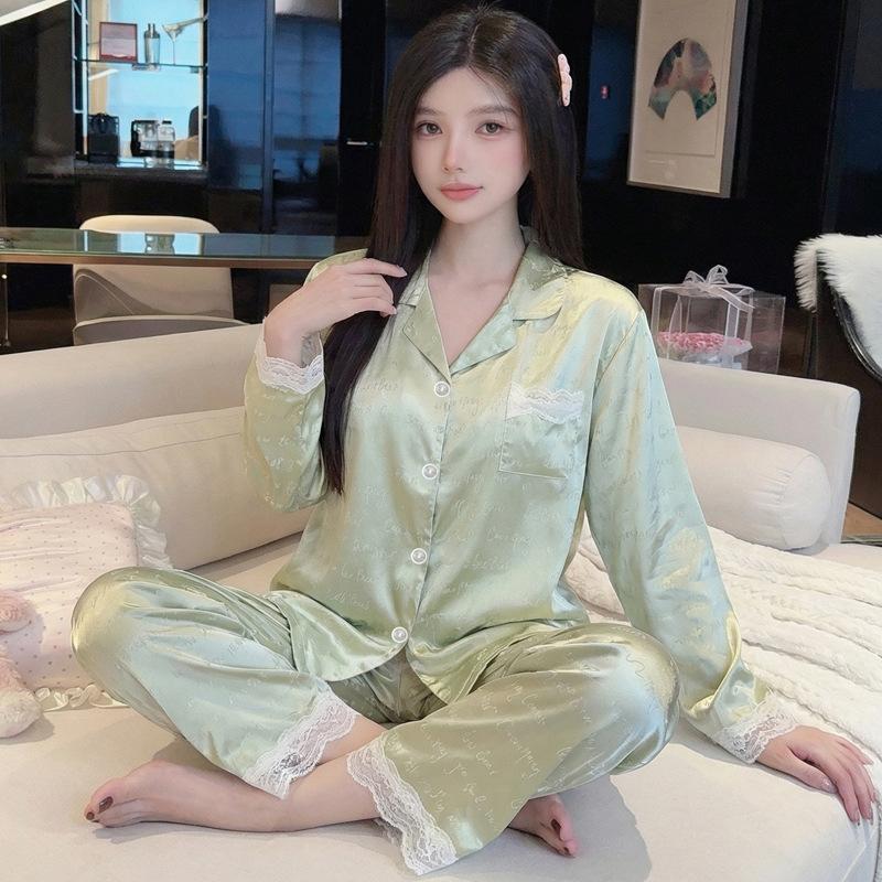 Summer Thin Pajamas Women'S Ice Silk French Style Long-Sleeved Trousers Cool Jacquard Loungewear