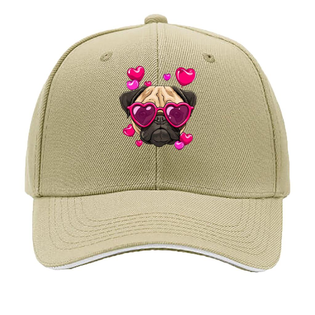 Valentine Day Pug Dog Heart Glasses Hearts Graphic Sandwich Baseball Cap Unisex Women Sun Cap Outdoor Workouts Hat