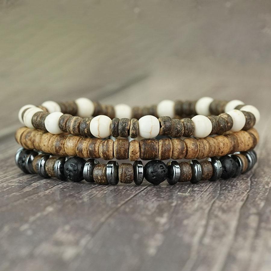 Herren Mehrschichtiges Lavastein Holz Perlenarmband Set Natürliche Kokosnussperlen Heilendes Armband Lässiger Schmuck Perfektes Geschenk Für Ihn