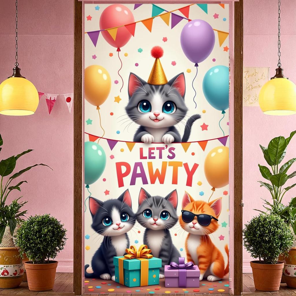 Cat Birthday Decorations Door Cover Banner Colorful Kitten Balloons Let's Pawty Happy Birthday Backdrop for Cat Lover Kitty Cats Pawty Bday Party