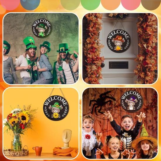 Yousheng 1 Set Interchangeable Wooden Welcome Sign with Seasonal Hat Accessories Gnome Highland Cow Hanging Front Door Sign Home Office Holiday