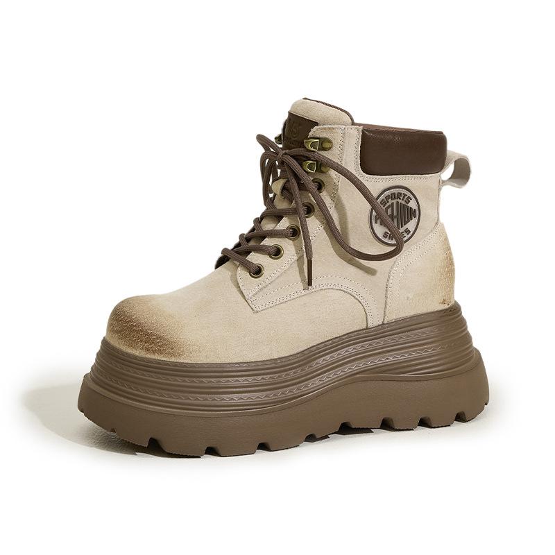 Thick-soled Inner Height-increasing Martin Boots Women's 2025 Autumn and Winter New Rhubarb Boots Medium Tube Velvet Warm Versatile Western Short Boot