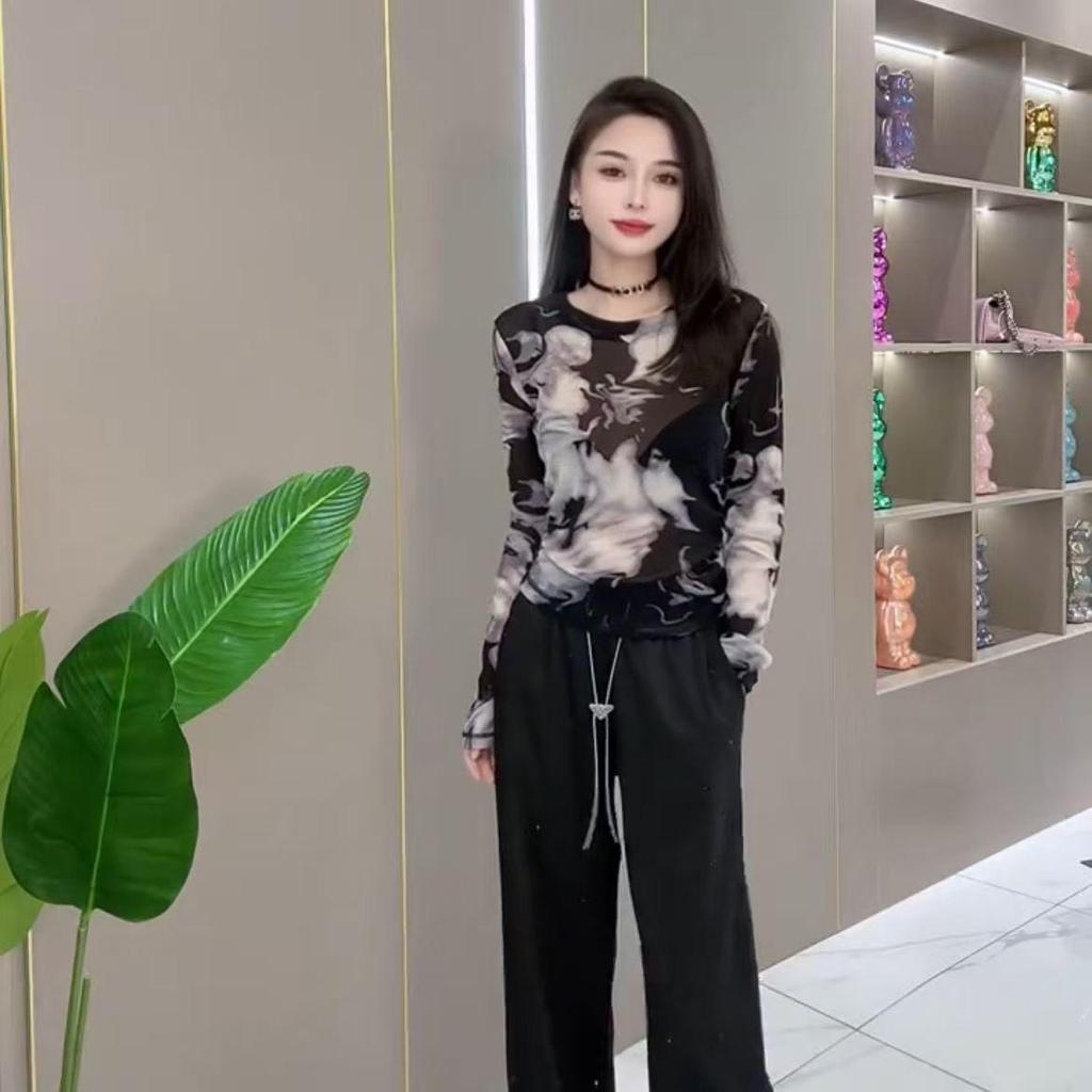 European Mesh Ink Print Slim Long-Sleeve Women's Shirt - Retro, Versatile, Fashionable, for Spring & Autumn