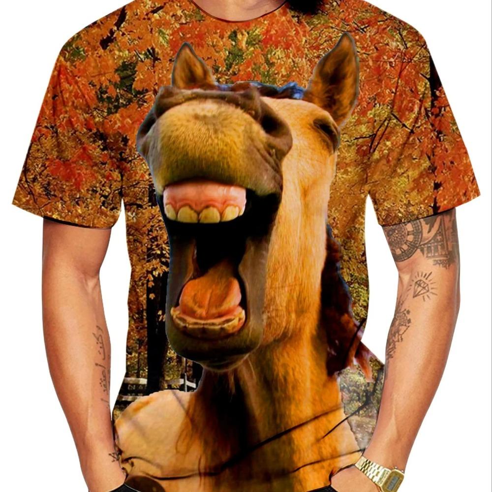 Artistic Style Oil Painting Animal Donkey 3D Printing Men's Street Round Neck Short Sleeved T-shirt
