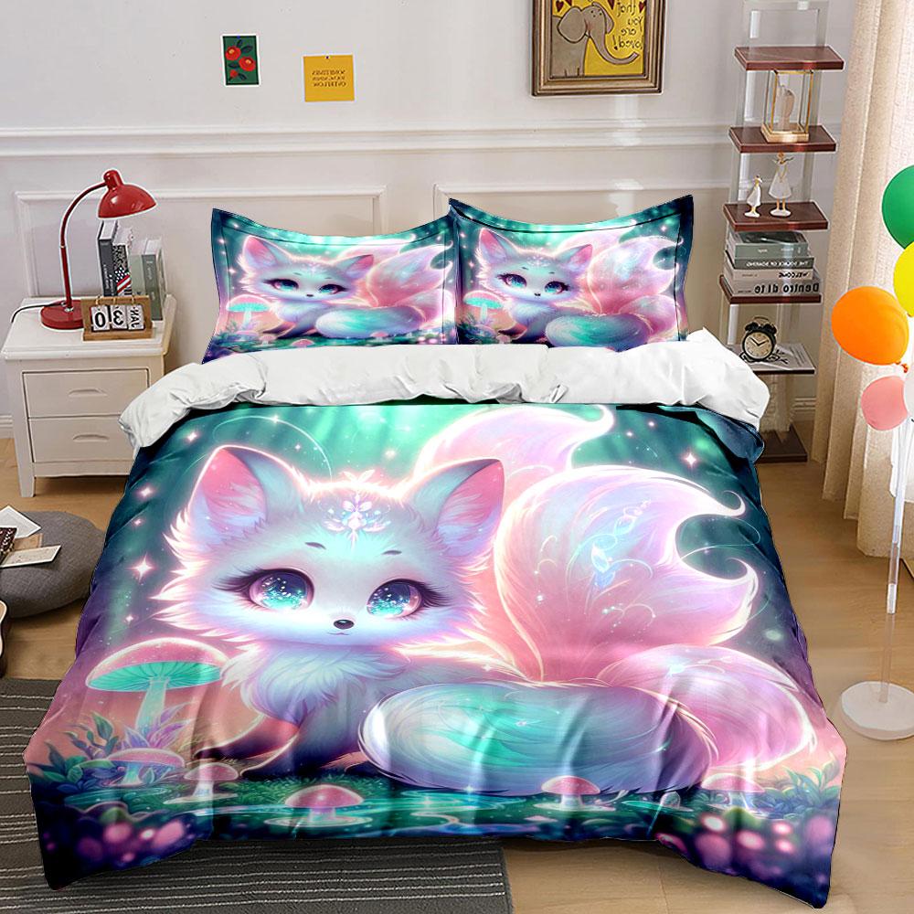 3Pcs Enchanted Nine-Tailed Fox Forest Duvet Cover Set With 3D Printing Design Soft Polyester Bedding Set All-Season Comfort