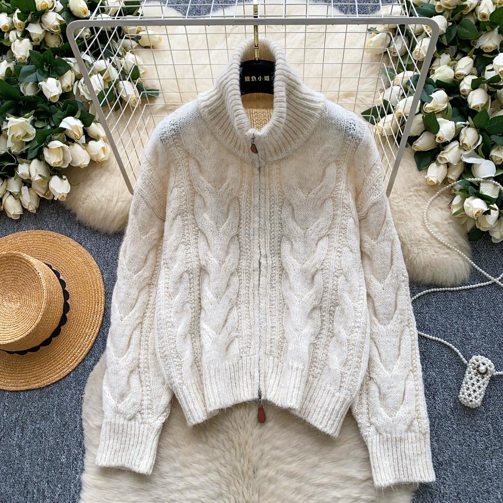 Autumn Winter Women Casual Turtleneck Zipper Twist Knitted Sweater Cardigans Tops Jacket Coat