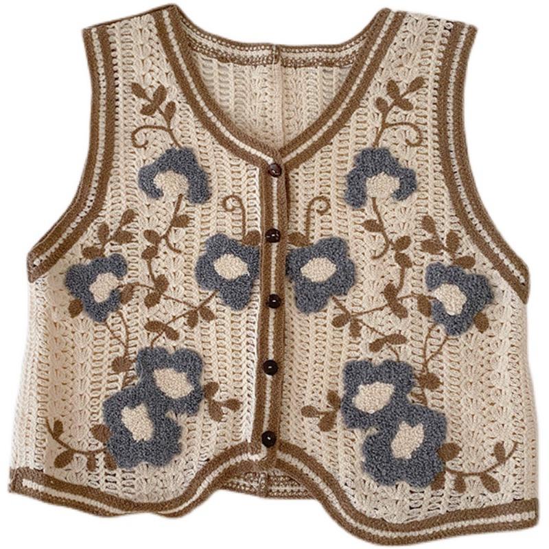 Retro Heklet Hul Ut V-hals Vest Dame Koreansk Broderi Mote Enkeltspent Ermeløs Vest Fransk Casual Overbekledning Topper