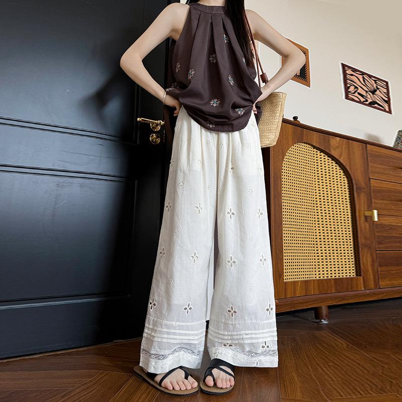 

Абрикосовые брюки-палаццо с кружевной вставкой, женские летние тонкие брюки с высокой посадкой и драпировкой, прямые брюки с полым вязаным крючком дизайном, повседневные брюки S абрикосовый