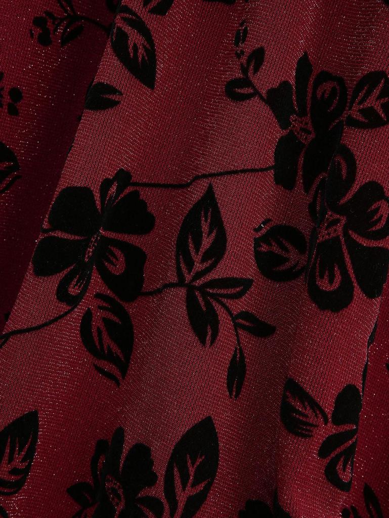 Rosegal Plus Size Glitter Floral Leaves Flocking Lace Up Surplice A Line Dress