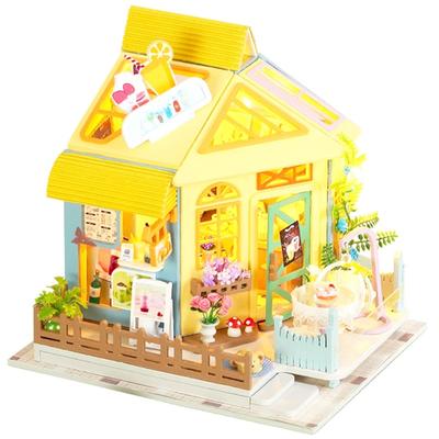 Moin Moin Dollhouse Miniature Handmade Kit Set Fairy Tale Maiden Yellow Colorful Cafe Coffee Shop Flowers Tapioca Milk Tea House LED Light 2301dh366