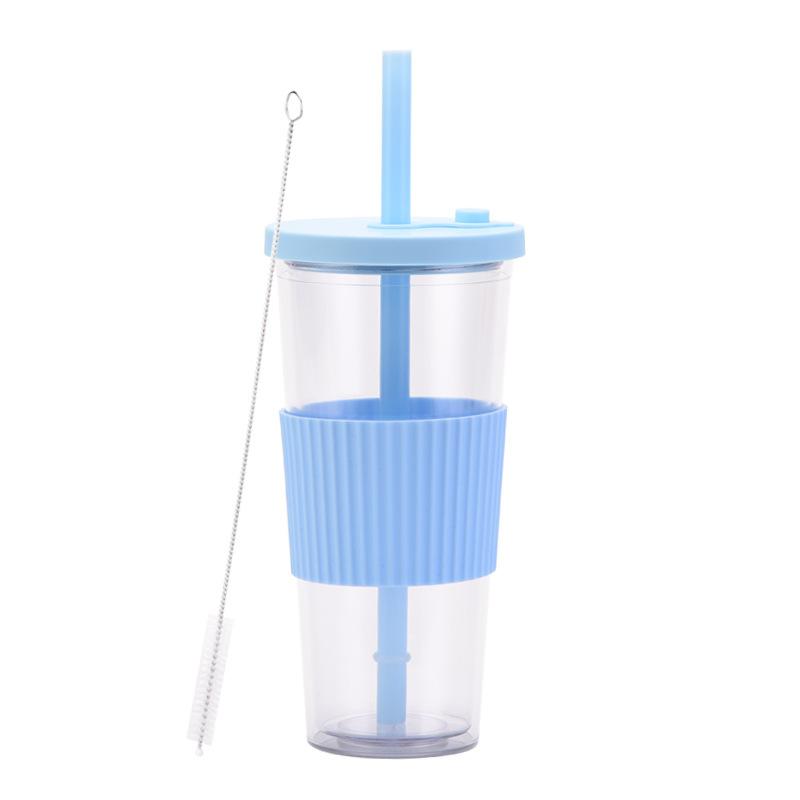 2025 Large Capacity Double Layer Plastic Cup Large Hole Straw Pearl Boba Milk Tea Cup Portable Outdoor Straw Cup