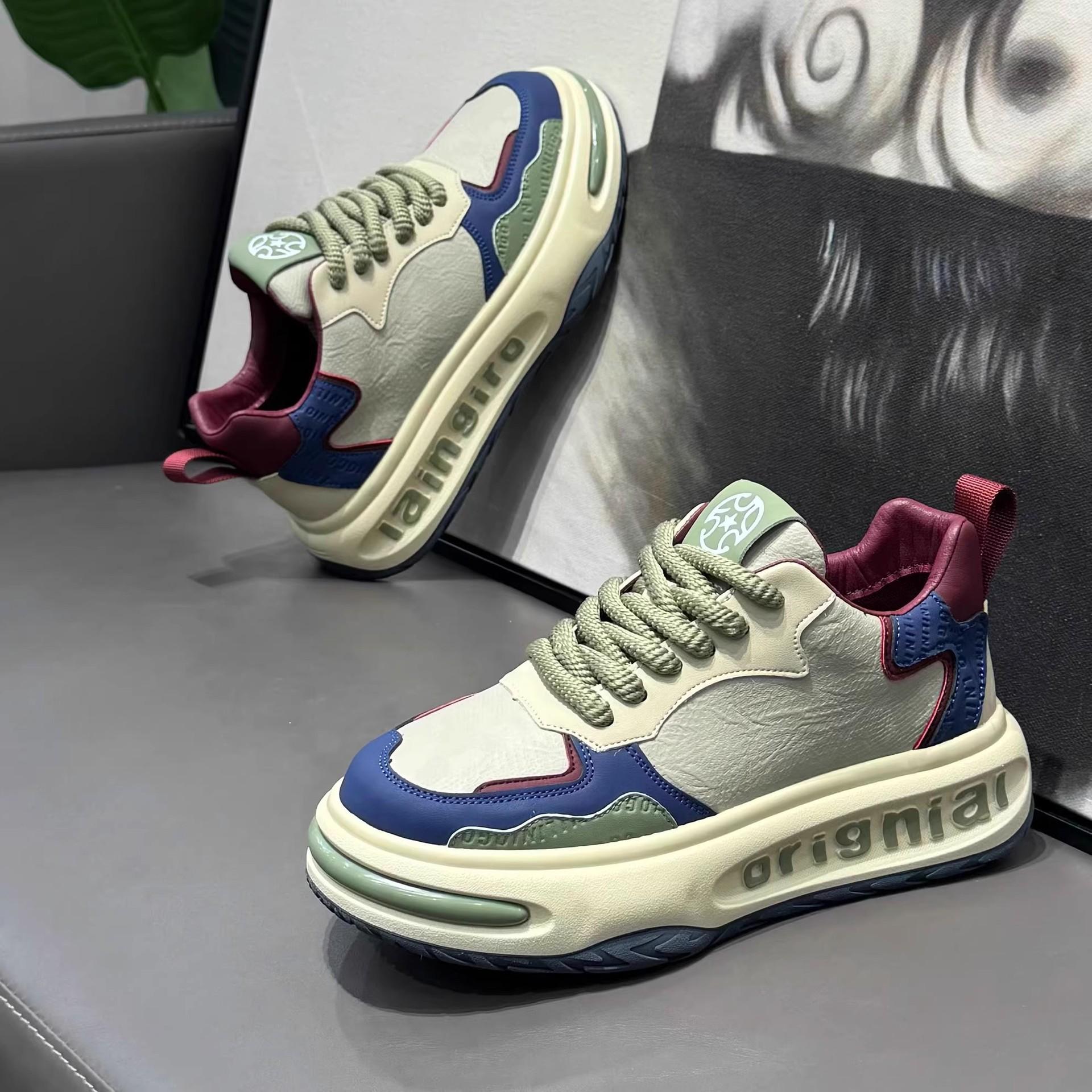 

Fashion Mens Shoes 2025 Spring New Trend Platform Heightening Casual Board shoes Fashion Color Matching Leather Lace-up Casual Sneakers 39 синий