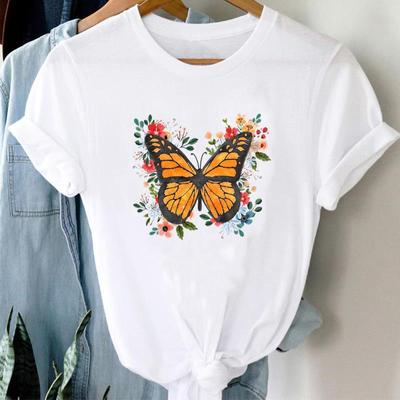 (Asian Size) Women Print Tee Top Fashion T Shirt Butterfly Clothing Casual Short Sleeve Flower Trend 90s Lady Female Graphic T-shirt