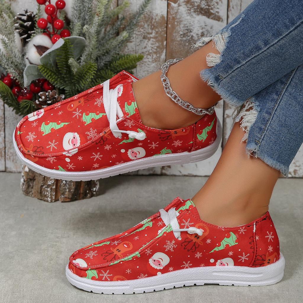 Large Size Casual Single Shoes for Women's Autumn New Santa Claus Printing Round Head Flat Bottom Comfortable Single Shoes for Women