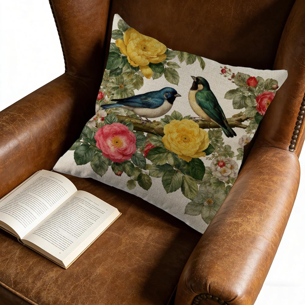 Square Decorative Pillow Case With Birds And Flowers Pattern In Cream Color For Living Room Bedroom Or Window Seat Decoration