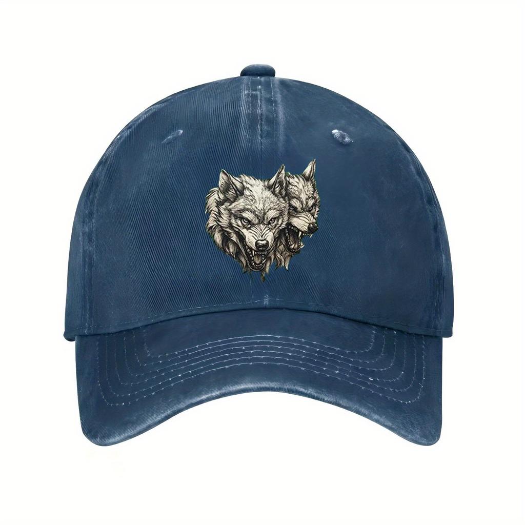 Three Head Wolf Print Baseball Cap Unisex Cotton Adjustable Distressed Style Casual Hat Men Women