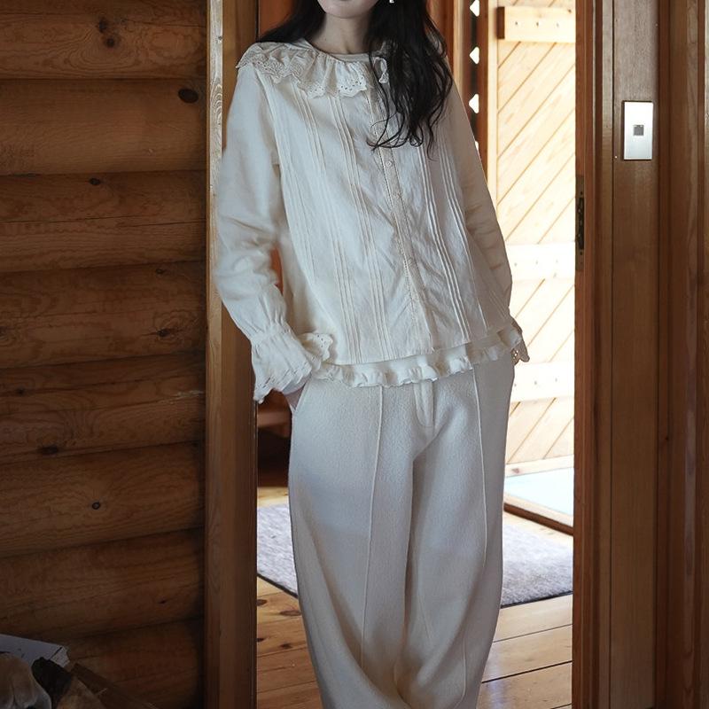 Elegant Winter Ginger Cotton Lace Shirt with Embroidered Big Lapel