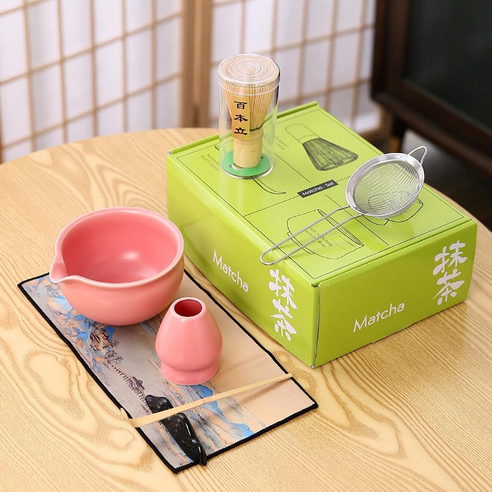 Matcha Set, 7 Pieces, Matcha Bowl with Spout, Whisk, Holder, Bamboo Scoop, Stainless Steel Sifter