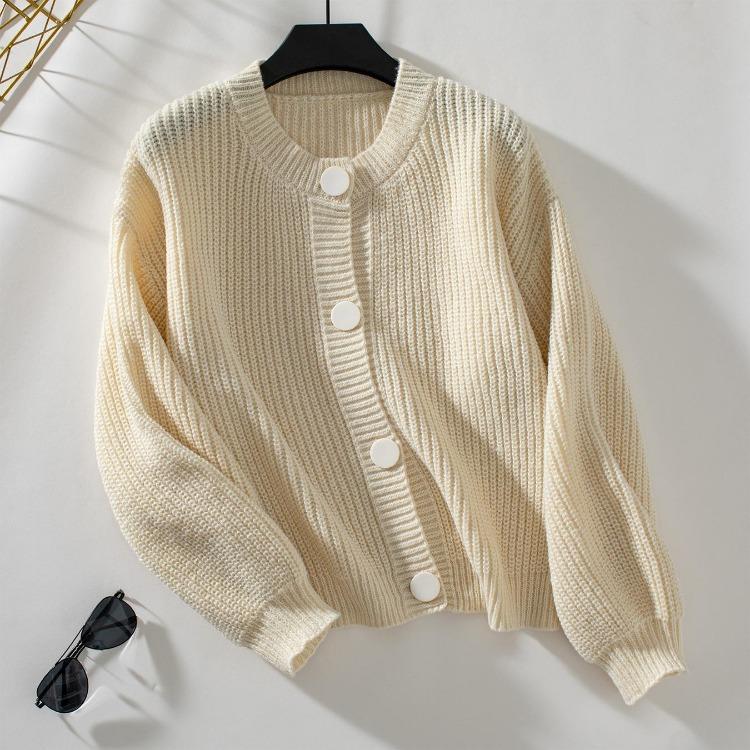 

Loose Long Sleeve Vintage Cardigan Sweater Top for Autumn Winter Solid Color V-Neck Knitwear XL бежевий