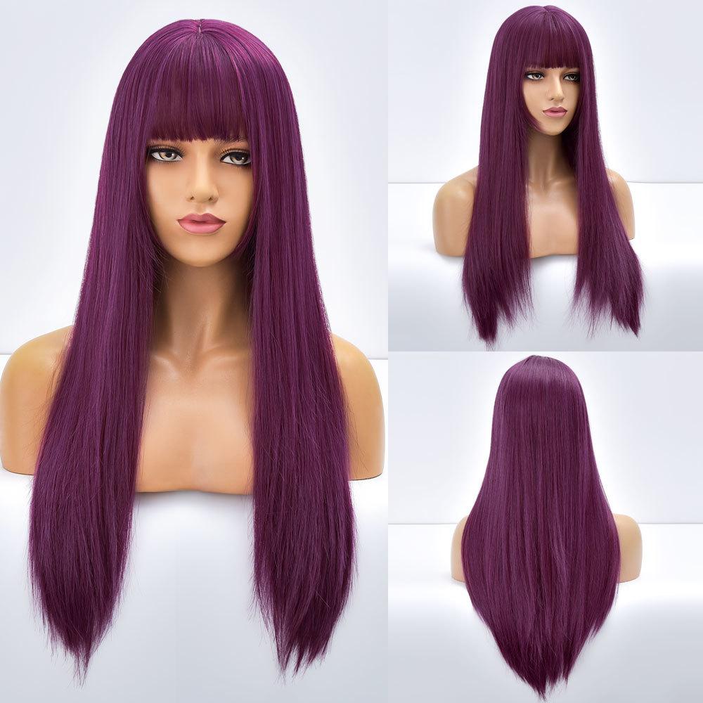 Natural Black Straight Synthetic Wigs For Women with Bangs 28Inch Daily Party Cosplay Wigs Heat Resistant Natural Hair Wig