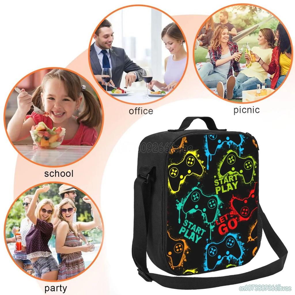 Colorful Video Game Lunch Bags Thermal Lunch Box Insulated Cooler Bag Reusable Tote Shoulder Bag for Outdoor Picnic Meal Office
