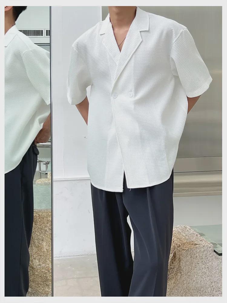 Men's Stylish V-Neck Waffle Collar Shirt - Short Sleeved & Loose Fit