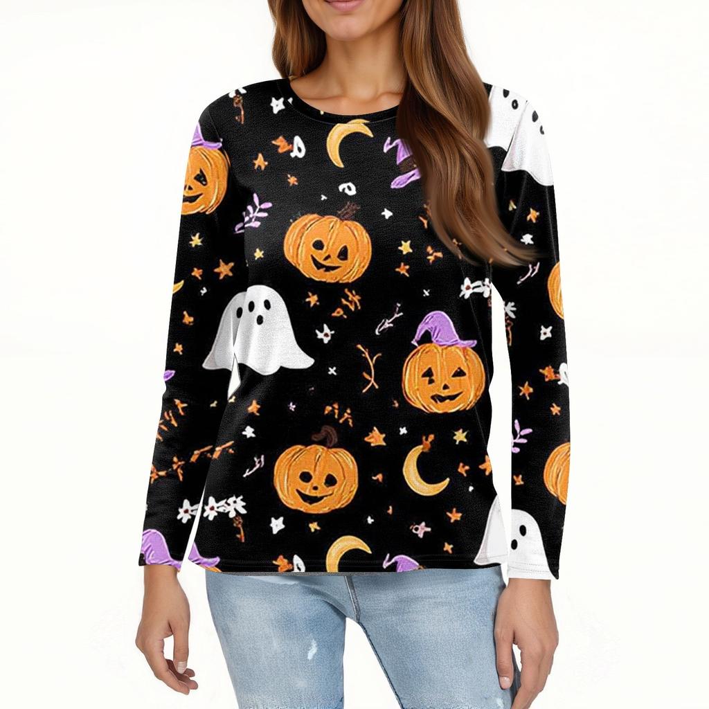 Women's Fashion Casual Halloween Printed Round Neck Long Sleeve Pullover Top