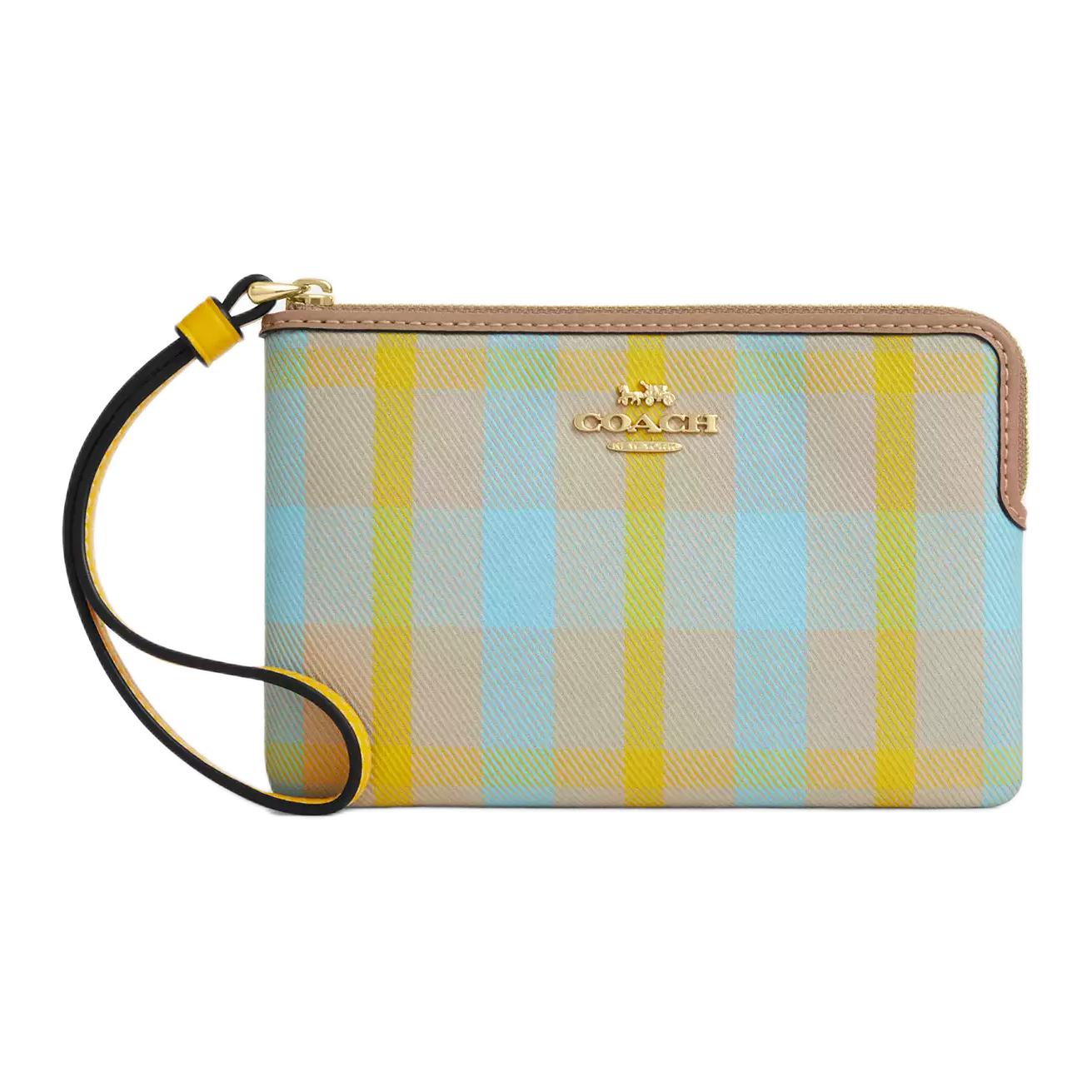 

Coach Corner Zip 16 Plaid Print Metal Logo Zipper Wristlet Women clutch Bright-Yellow CBP18-IMY3F Basic Set (Bag+Dust Bag)