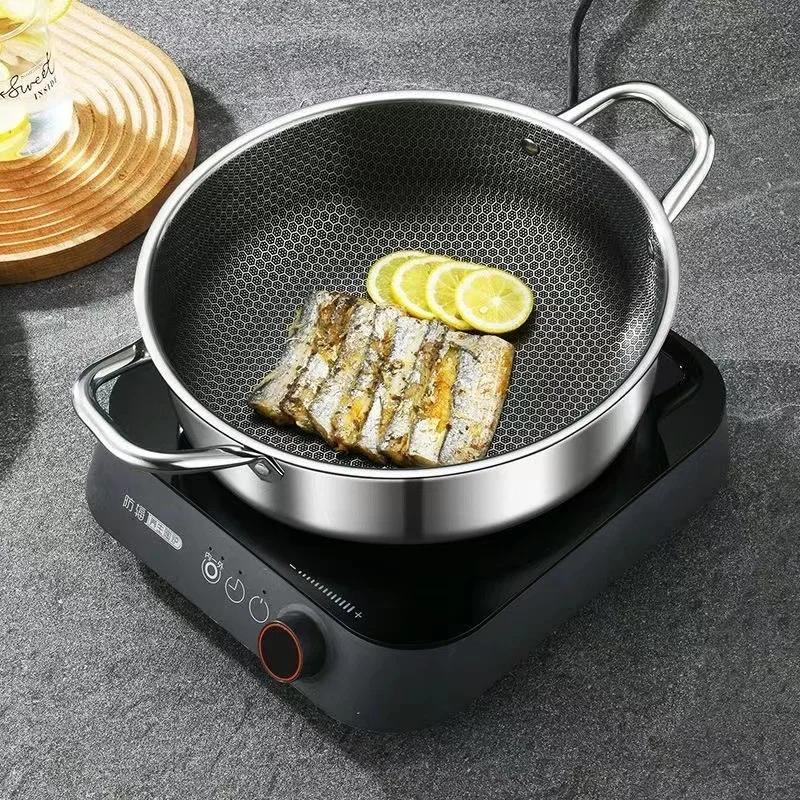410 Stainless Steel Soup Pot wok Frying Pan Honeycomb Non-stick Panwith lid Home Hot Pan Induction Cooker Gas Stove Universal