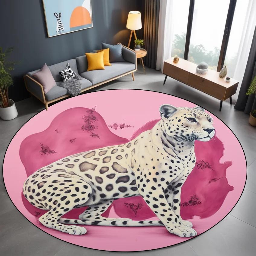 Leopard Pink Round Carpet Vintage Dressing Table Rug Washable Floor Mat for Living Room Bedroom Decor