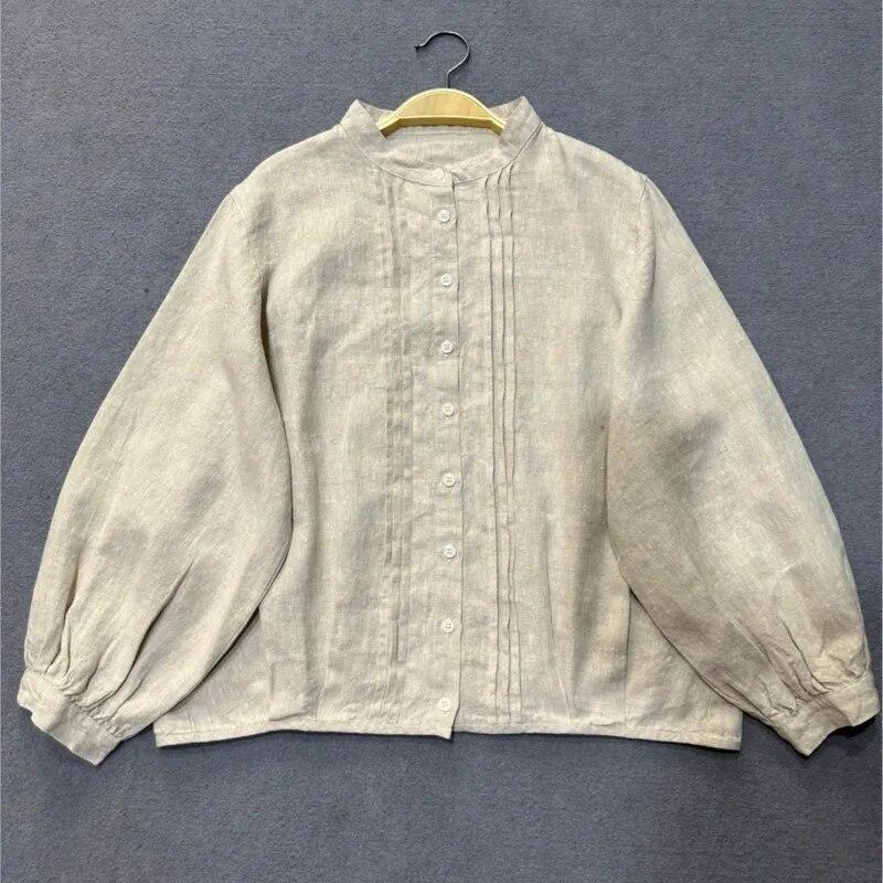 Johnature Spring Long Sleeved Shirt Women Japanese Literary Wrangled Stand Up Collar Versatile Tops