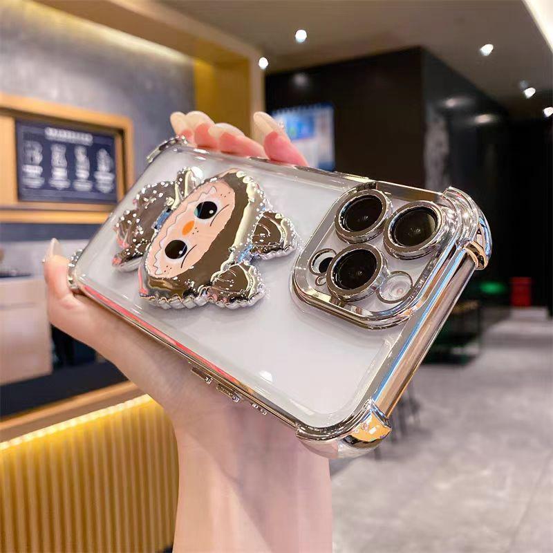 Applicable to iPhone16 Labu mirror bracket mobile phone case Apple 15 electroplated four-corner airbag anti-drop 14 soft case