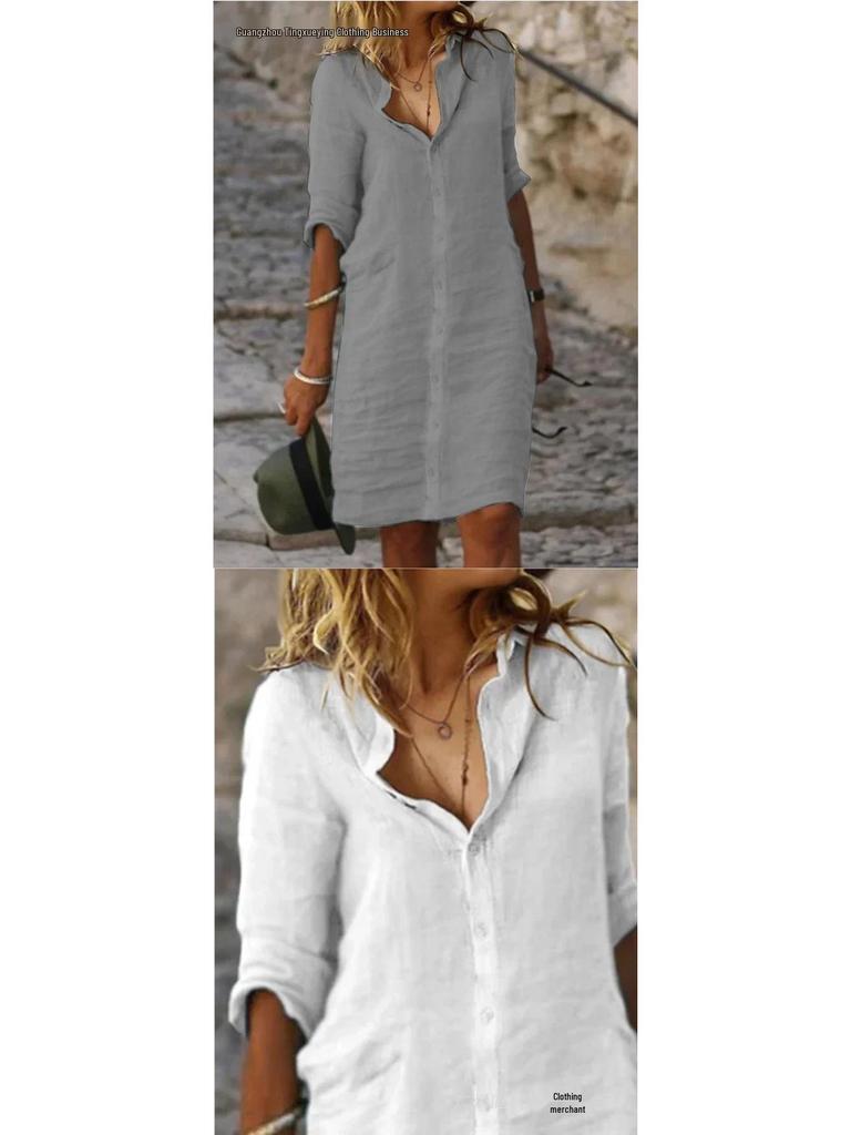 Loose Lapel Button Mid-Sleeve Solid Color Cotton Linen Shirt Dress