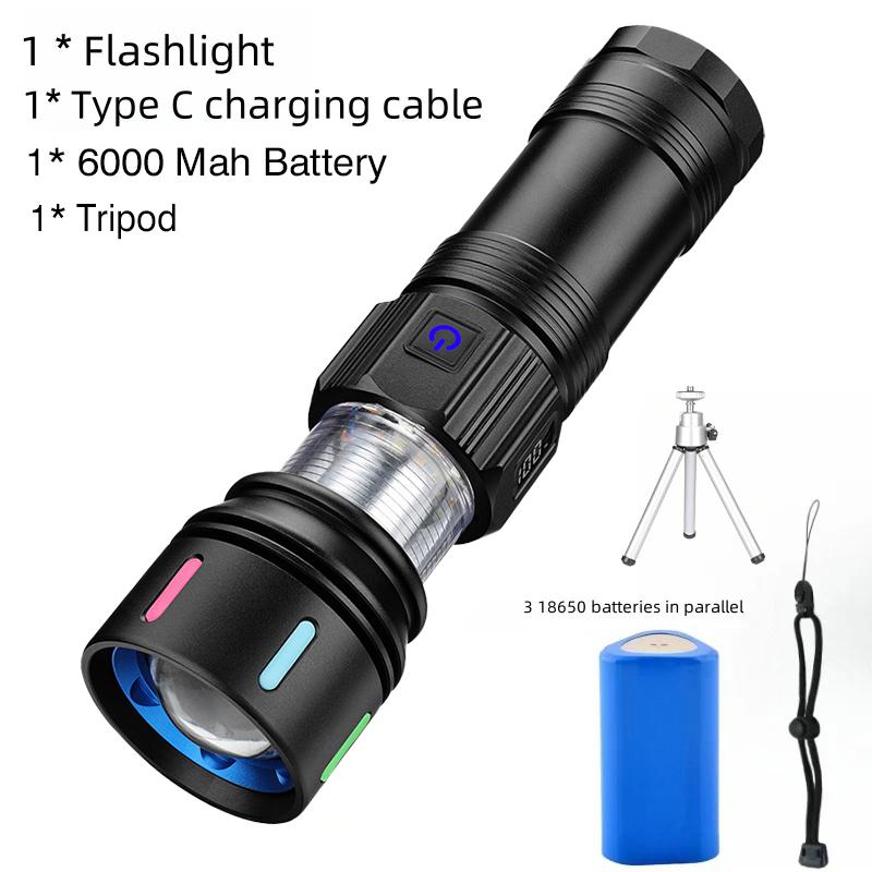 Super Bright 7070 LED Flashlight USB Rechargeable Tactical Zoom Flashlights with Red Yellow White Blue Light Spotlights Torch
