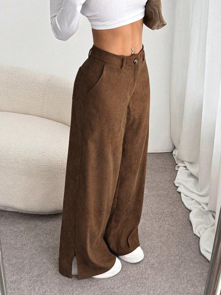 Women Low Waist Corduroy Wide Leg Pants Split Hem Vintage Straight Trousers Commuter Casual Long Pants Streetwear Trousers