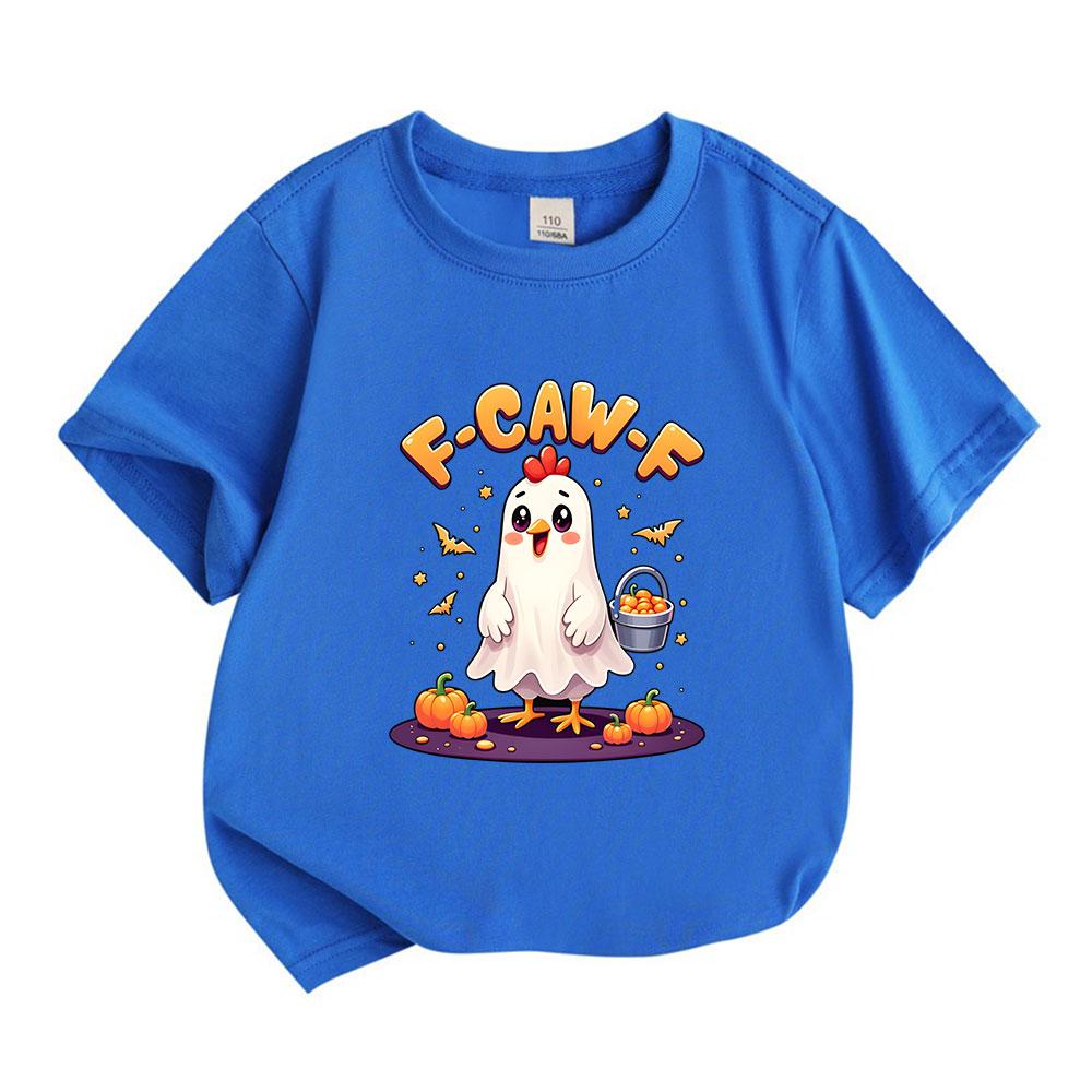 Kids Boys Girls 100% Cotton Short Sleeve Crew Neck T-Shirt, Funny F-Caw-F Ghost Chicken Cartoon Print Halloween Casual Tee with Pumpkin Trick Treat Pa