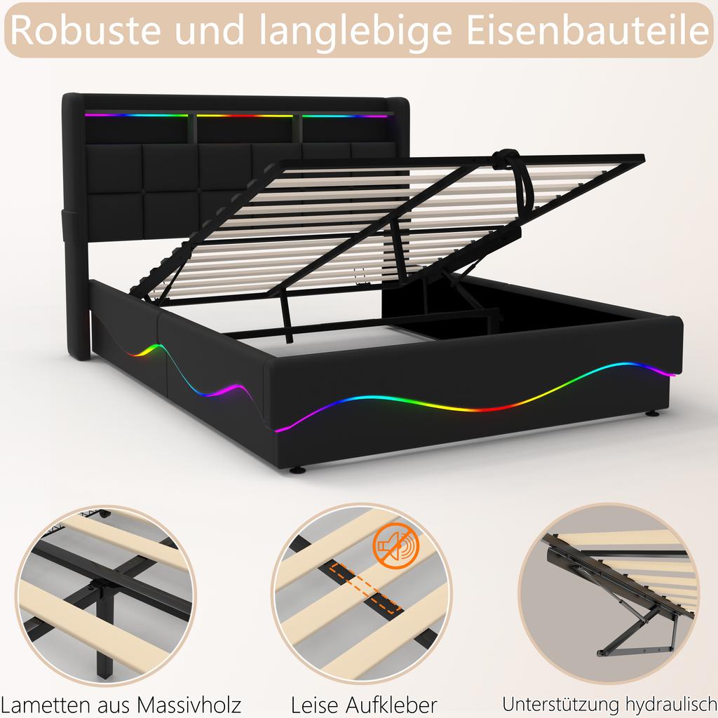 Upholstered Bed with Storage, Leather Headboard, USB & Type-C Ports, Noise-Free Padding, and LED Lighting,Black.