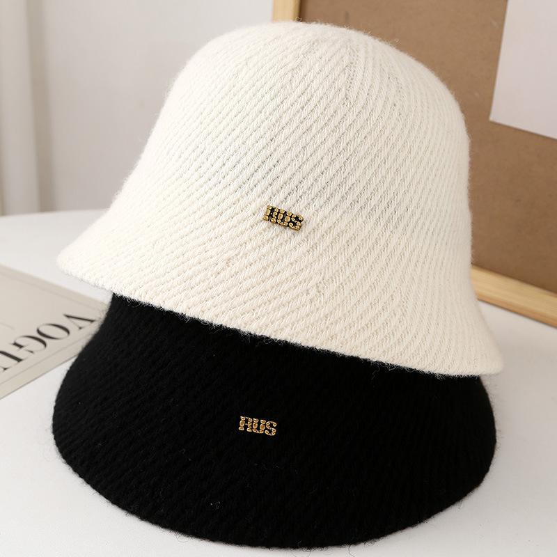Solid Color Advanced Sense Metal Standard Cashmere Blended Bucket Hat Thickened Warm Versatile Knitted Temperament Basin Hat